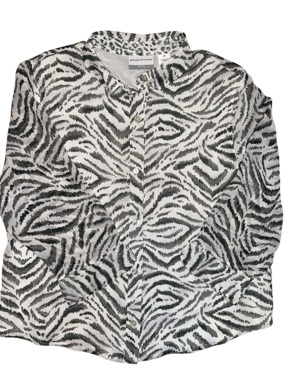 Alfred Dunner Petite 16P Ivory Taupe Gray Zebra Animal Print lined Blouse